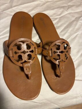Tory Burch Tan Leather Logo Thong Sandals
